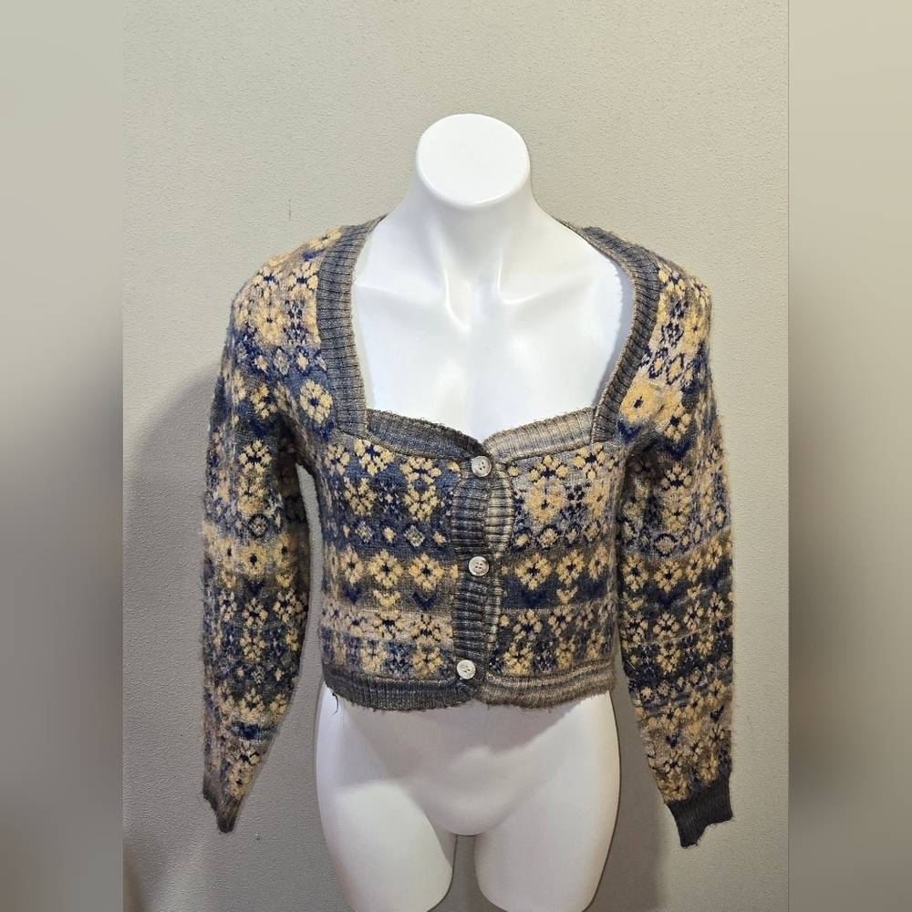 ZARA BLUE TAN JACQUARD KNIT JACKET CARDIGAN SIZE S 5802/007 RARE